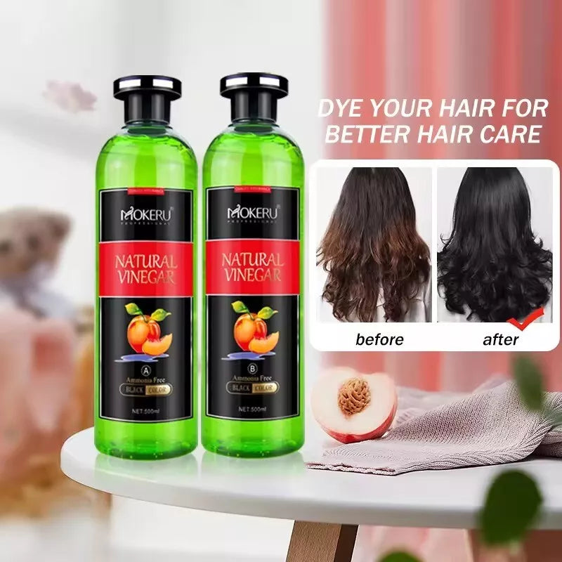MOKERU Natural VINEGAR BLACK HAIR DYE CREAM 500ml*2/Pac Black Hair Shampoo 100